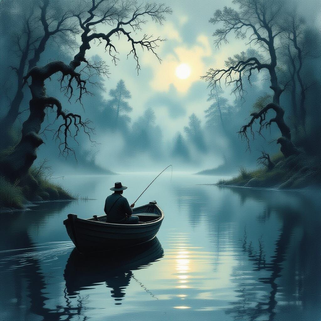 Fisherman in Misty Forest Lake at Dawn, Romantic Landscape