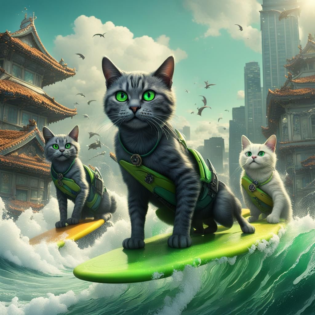 Cats Surfing Tsunami Wave in Detailed Digital Painting