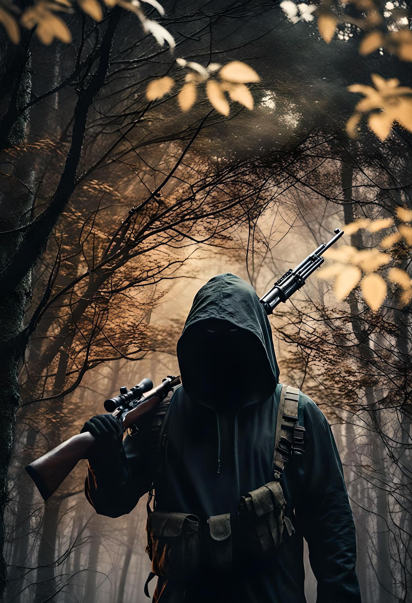 Ominous Hooded Figure in Dark Forest Scene