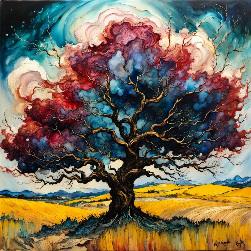 Encaustic Thunderstorm Tree in Van Gogh Style