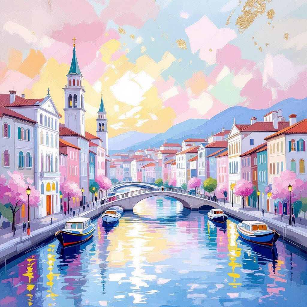 Cityscape in Impressionist Rococo Style with Gold Accents