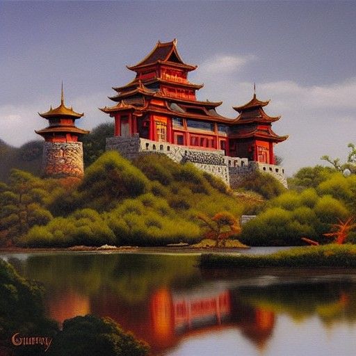 Asian Castle on a Hill as Oil Painting