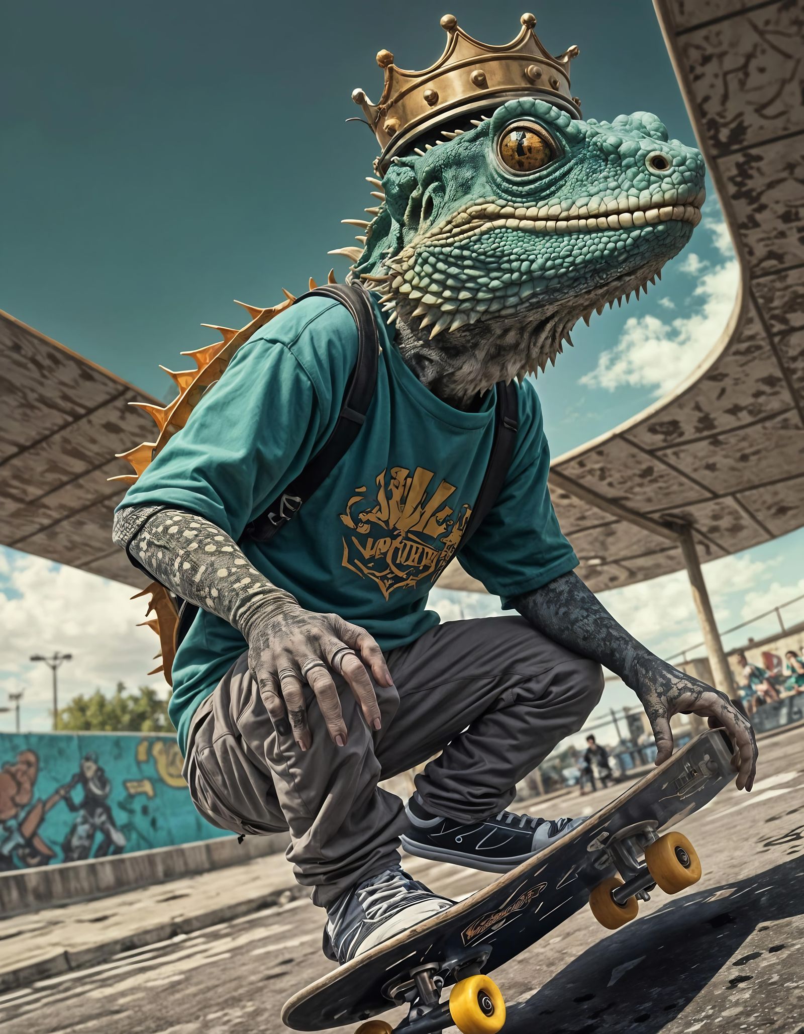 Lizard King Skateboarding in Urban Skatepark, Manga Style