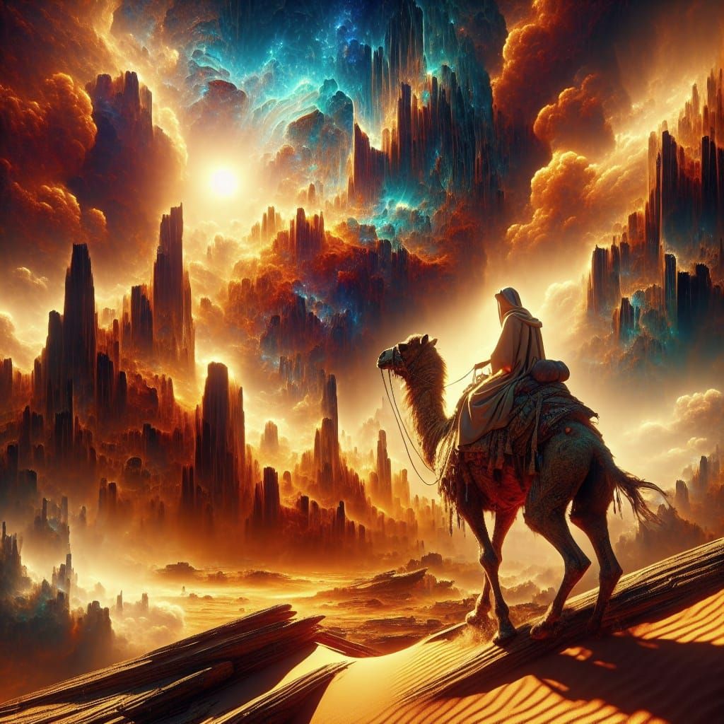 Bedouin Rides Camel in Desert Oasis