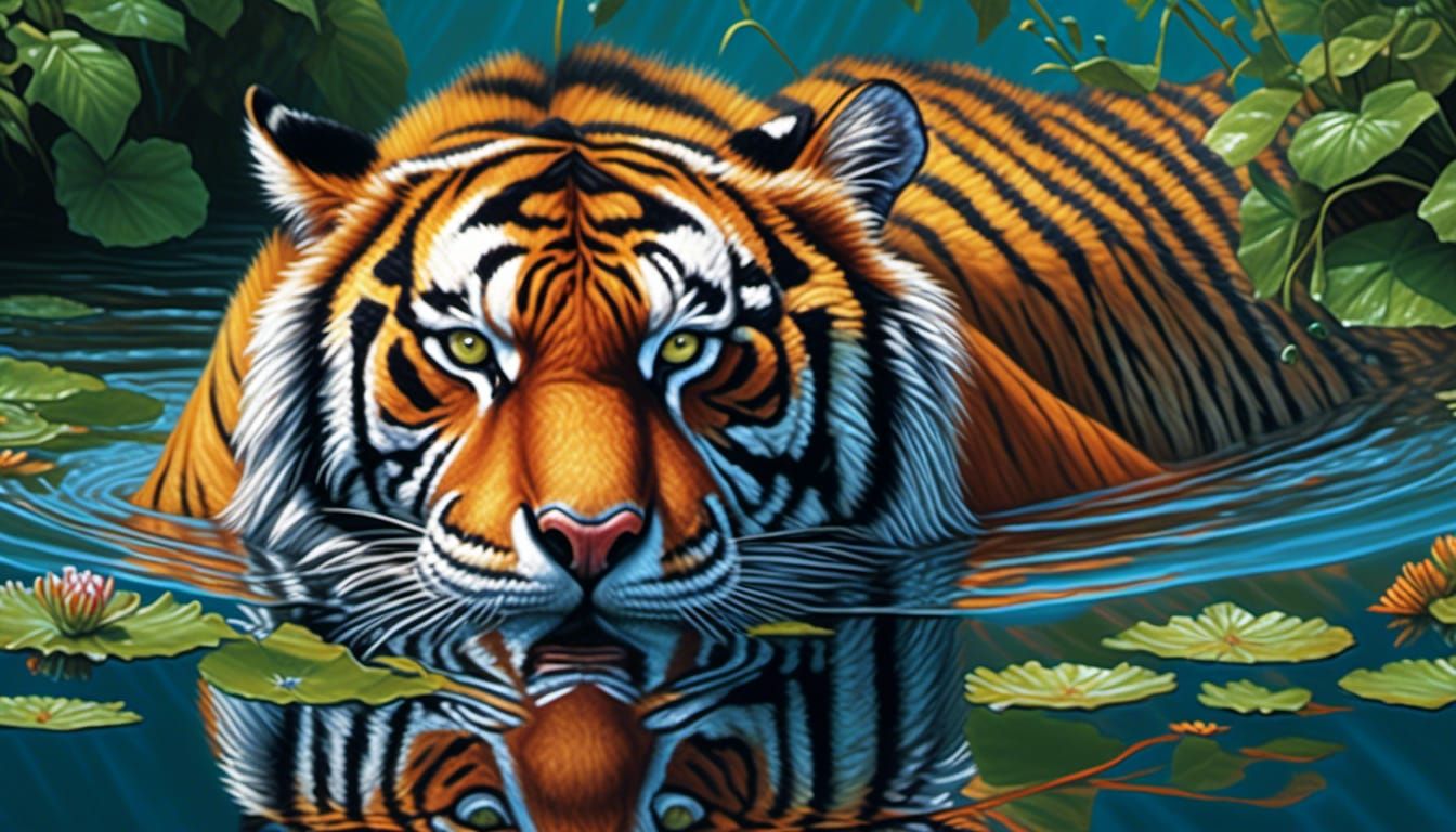 Tiger Lounging in Water: Realistic Illustration