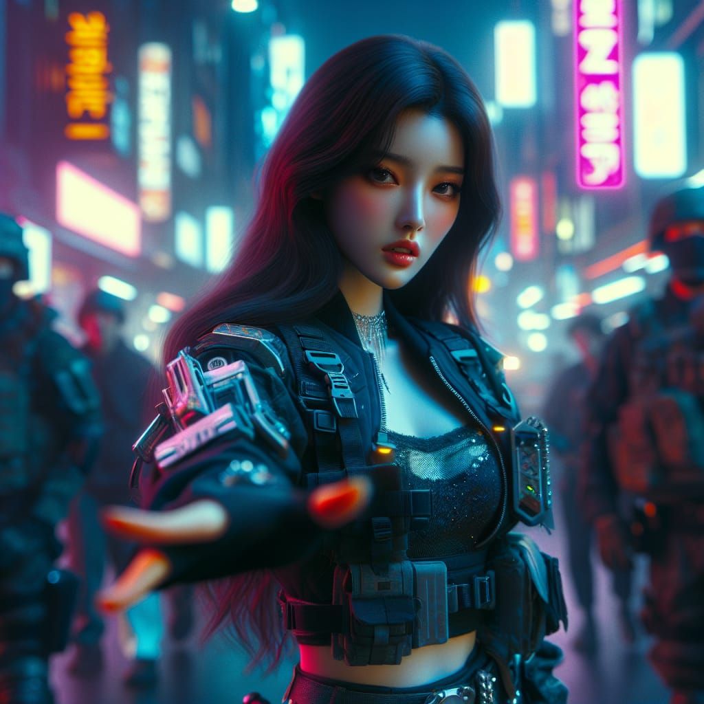 Futuristic Korean Warrior Guiding in Neon City, 2100