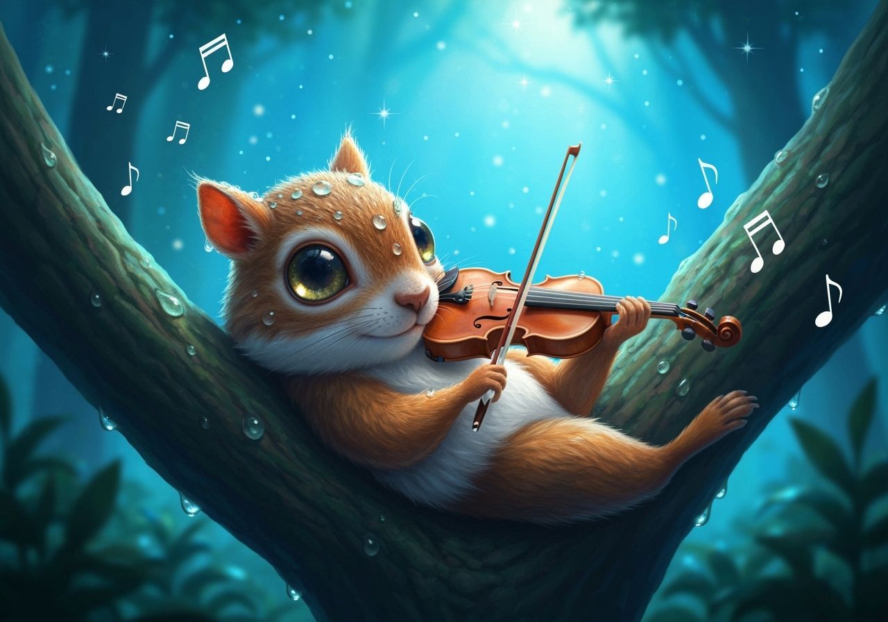 Cute Squirrel Plays Violin Under Stars in Magical Forest