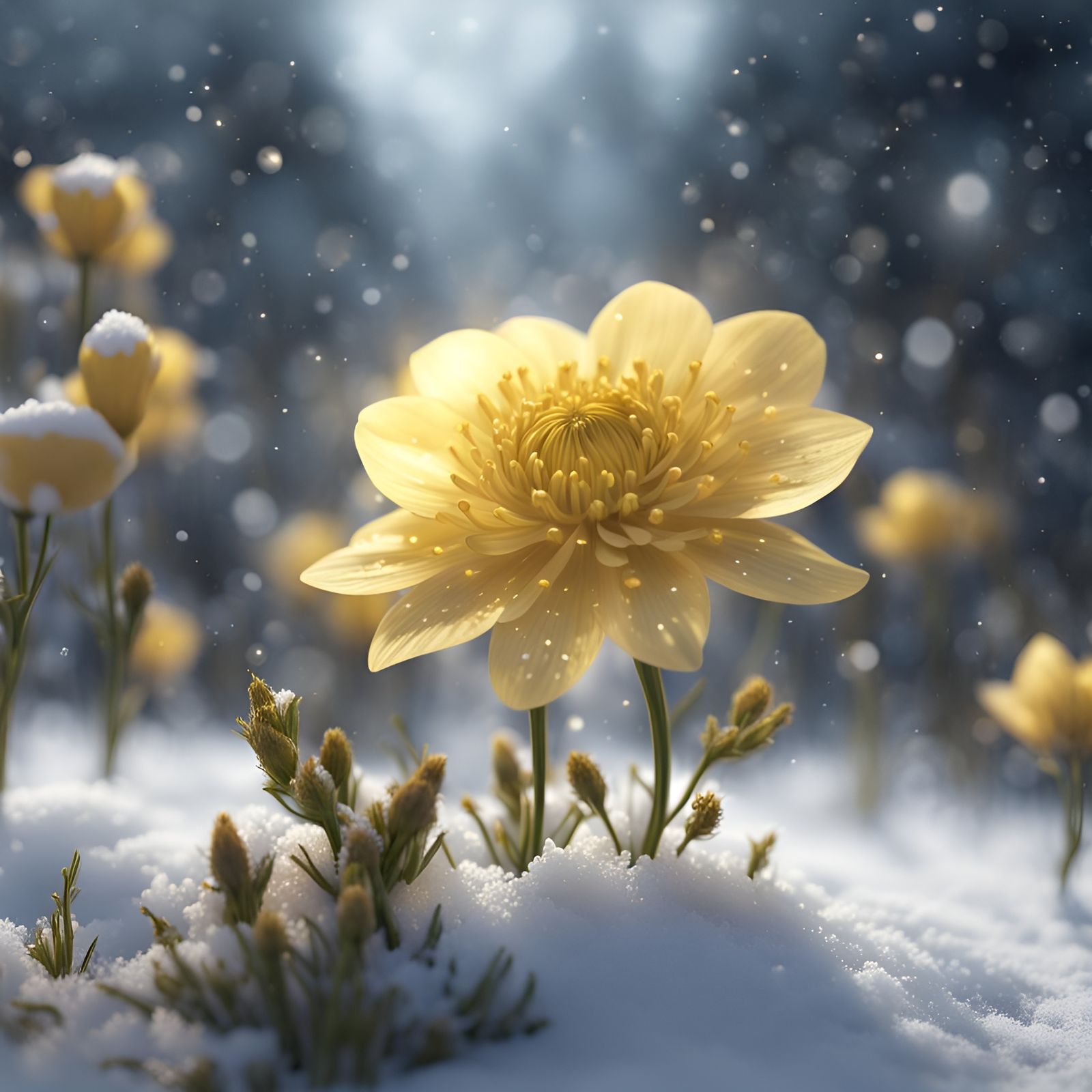 Yellow Flower Blooms in Snow: Matte Painting