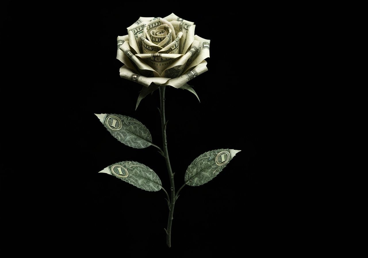 Rose Crafted from Dollar Bills in Dramatic Still-Life