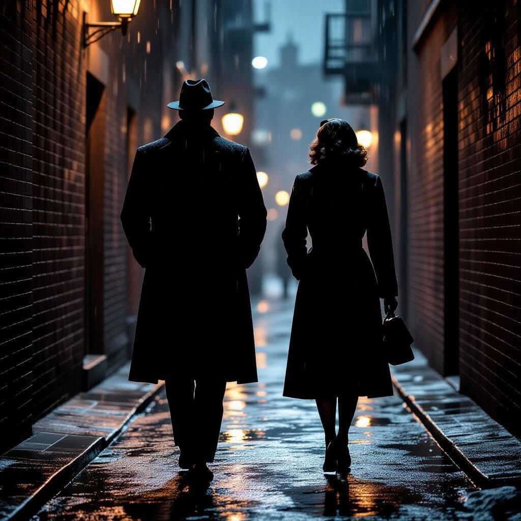 Film Noir: Man and Woman in Rainy Alley