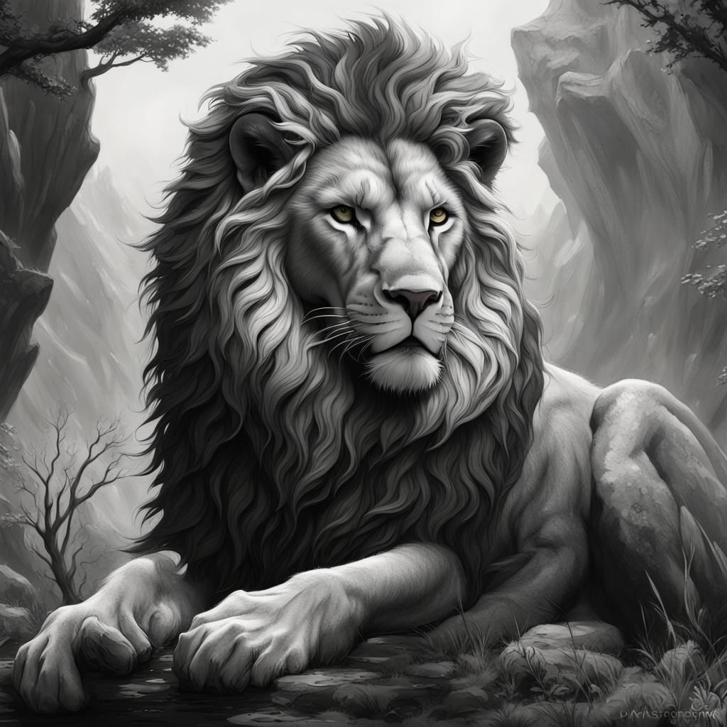 Detailed Black and White Lion Drawing