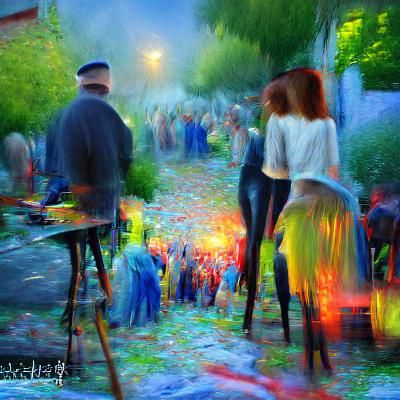 Impressionistic Street Party in Impasto Style