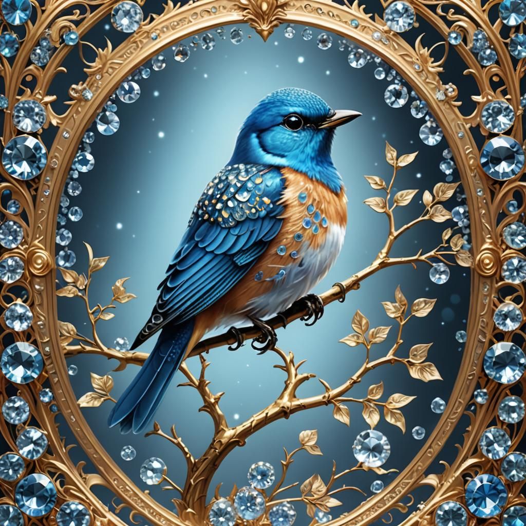Crystalline Blue Bird with Golden Filigree