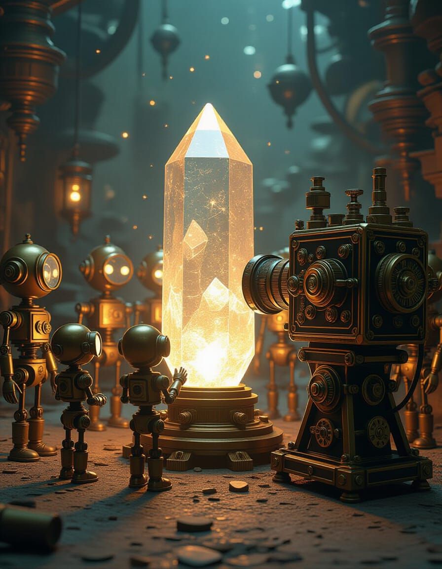 Steampunk Automatons Witness a Glowing Crystal, Captured by ...