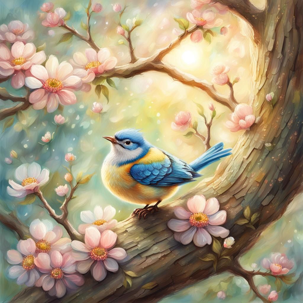 Whimsical Spring Branch with Bird in Vibrant Oil Painting St...