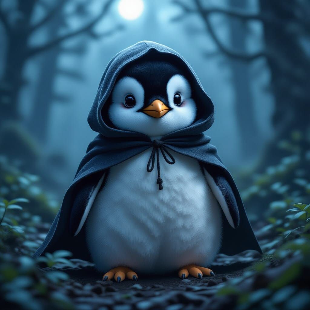 Penguin in Dark Fantasy Forest, Photorealistic Style