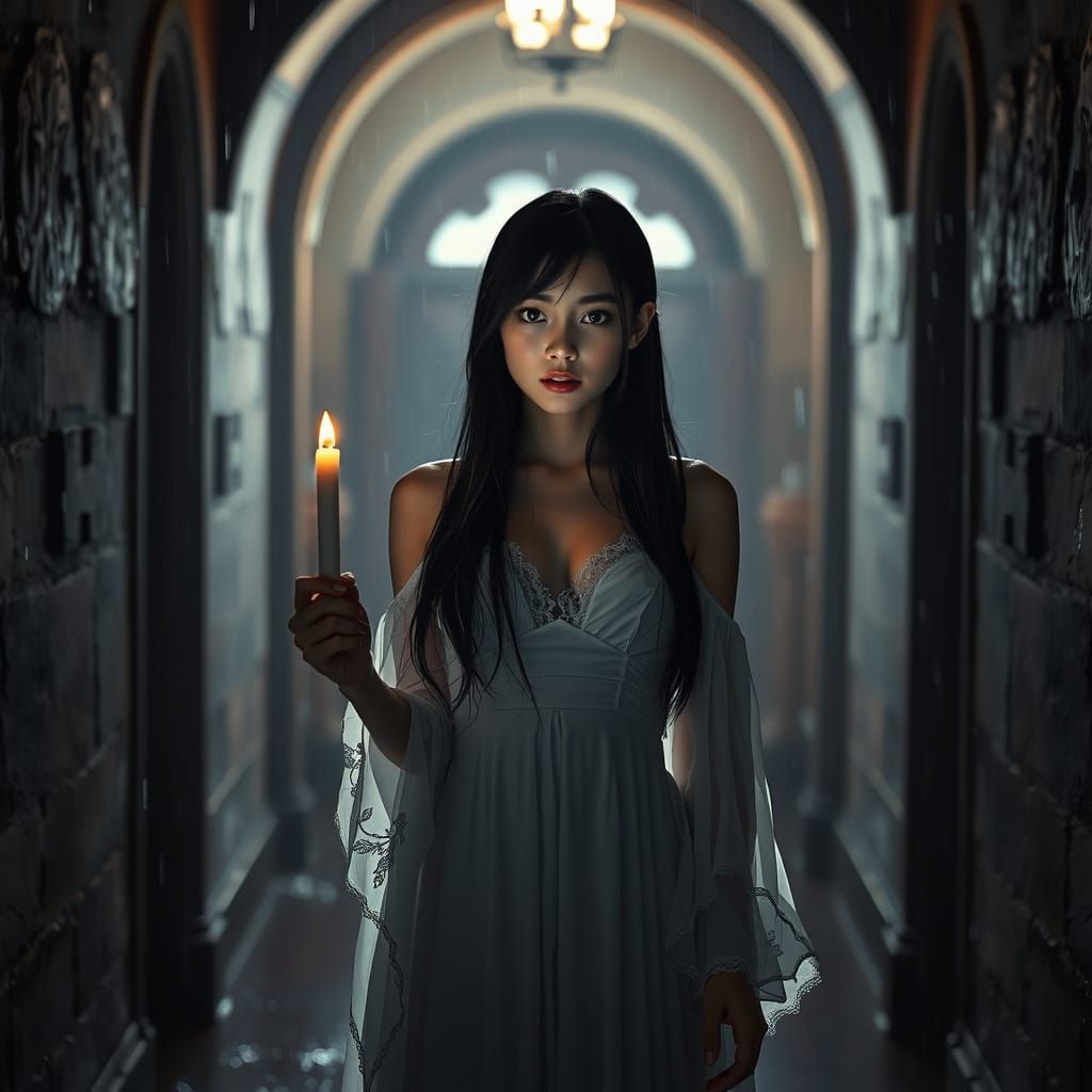 Enigmatic Japanese Girl in Castle Hallway: Hyperrealistic St...