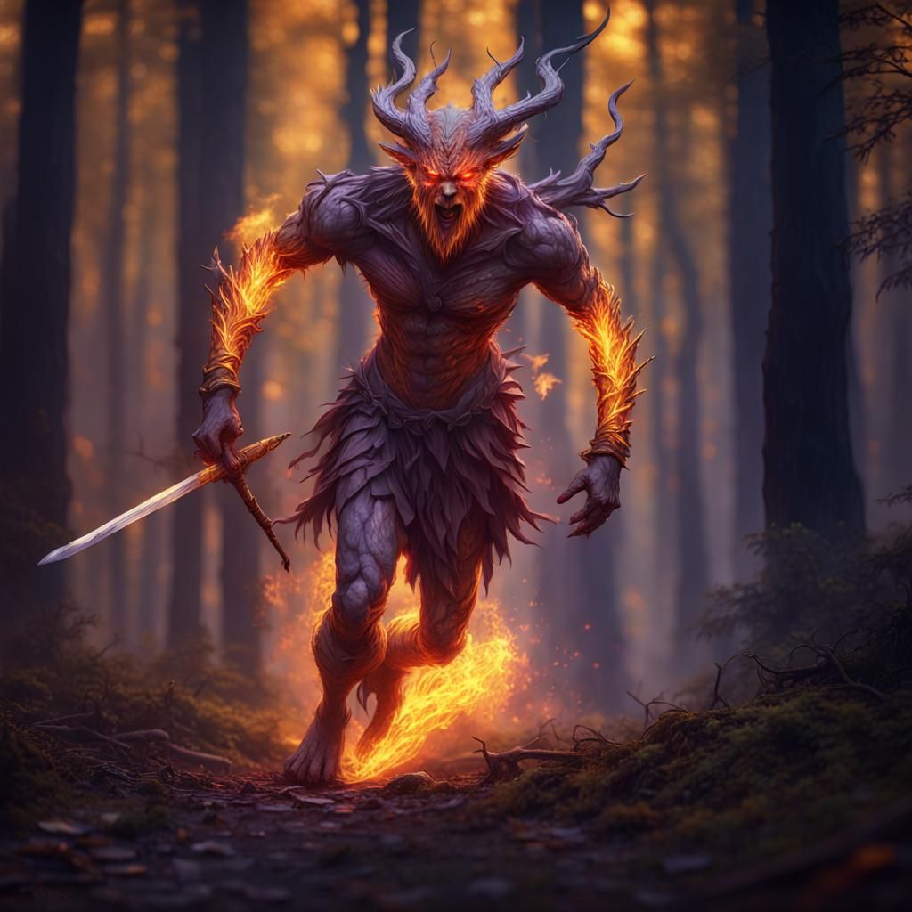 Fiery Barbarian in Dark Forest, Detailed Fantasy Art