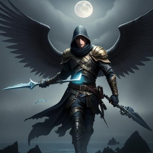 Aasimar Rogue in Flight Over Moonlit Ocean