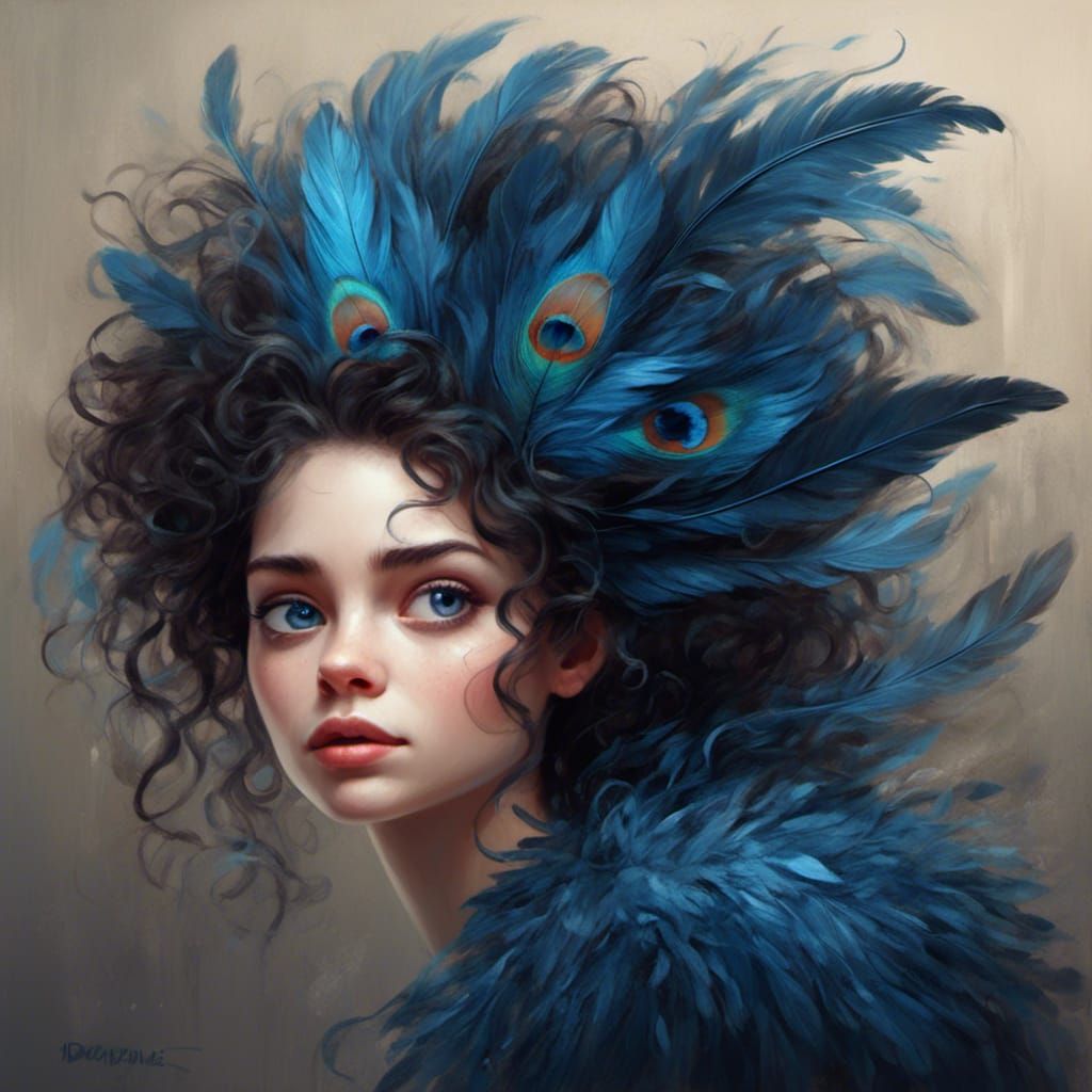 Cartoon Woman Profile with Iridescent Feather