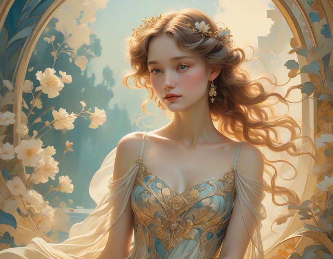 Ethereal Young Woman in Elegant Gown, Soft Golden Light