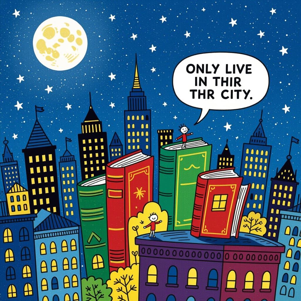 Whimsical City Skyline with Book Buildings in Playful Illust...