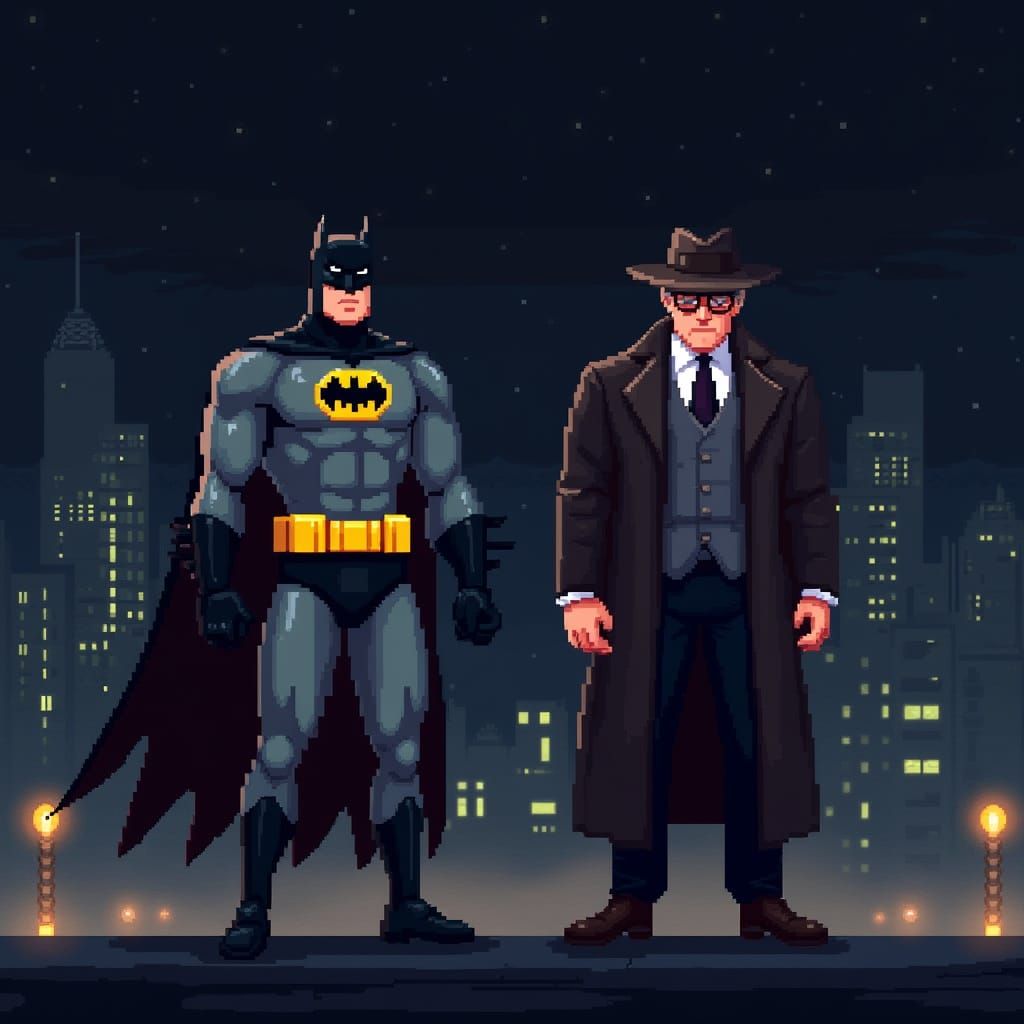 Batman and Red Reddington in Retro Pixel Art Style