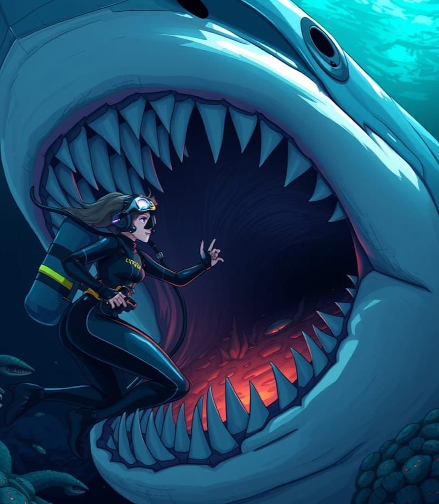 Surreal Anime Art Depiction of Diver in Shark's Mouth