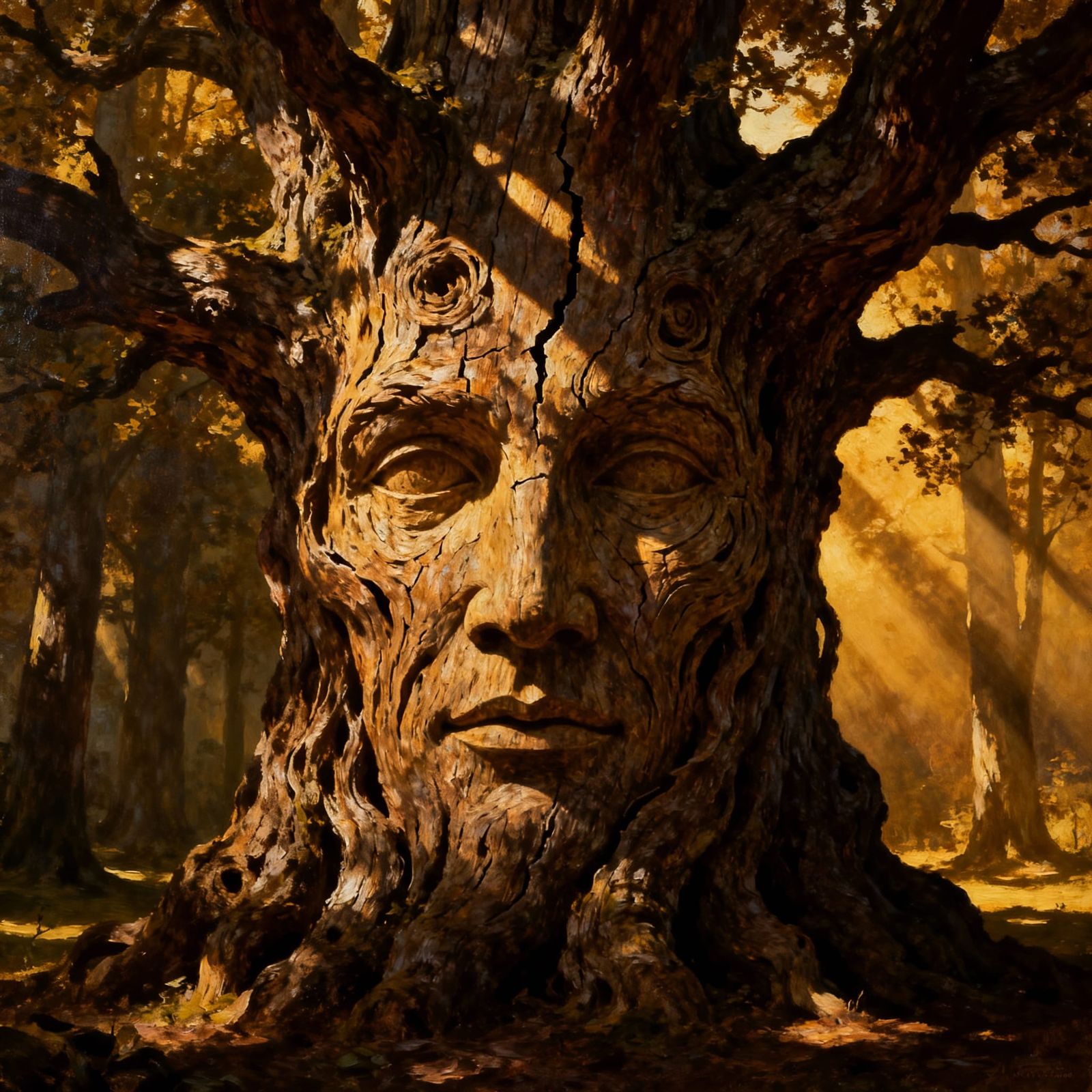 Ancient Oak Tree Face Awakens in Surreal Oil Painting