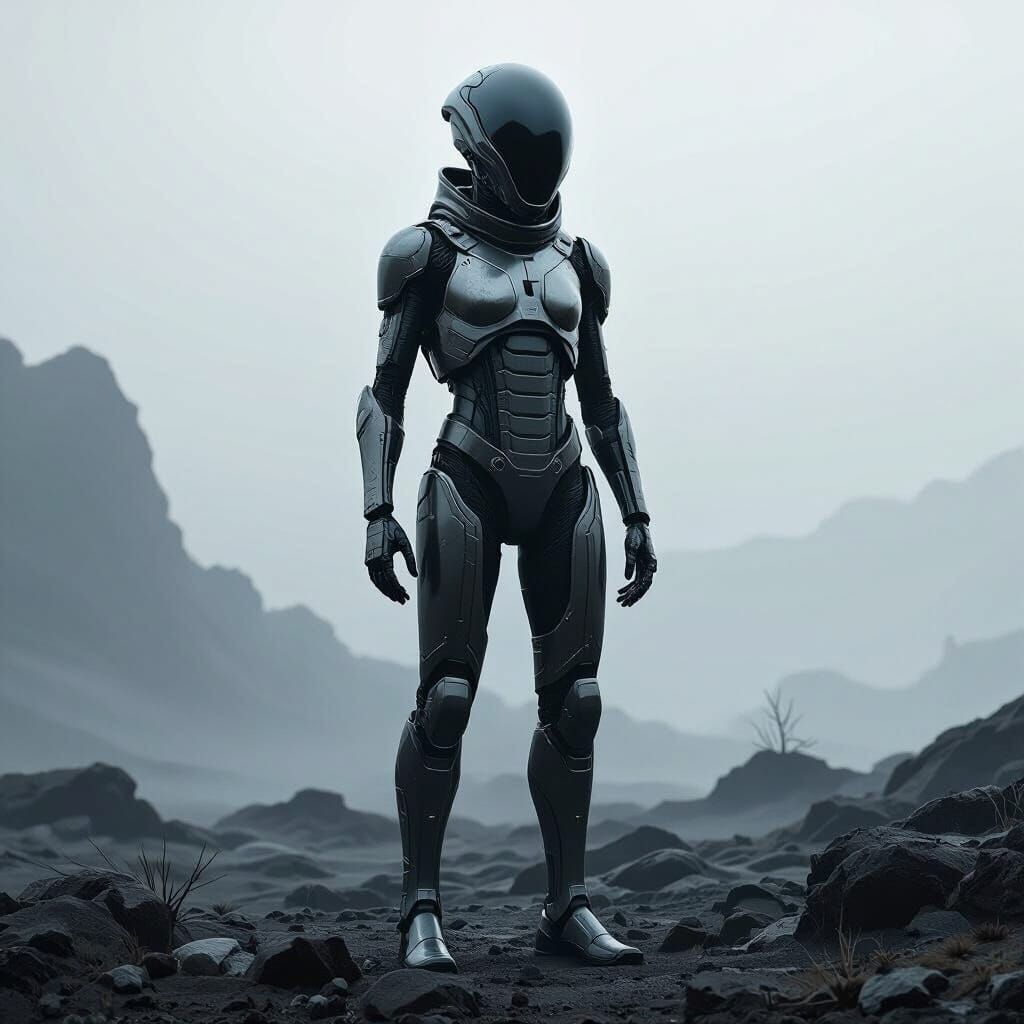 Photorealistic Alien in Exosuit on Misty Planet