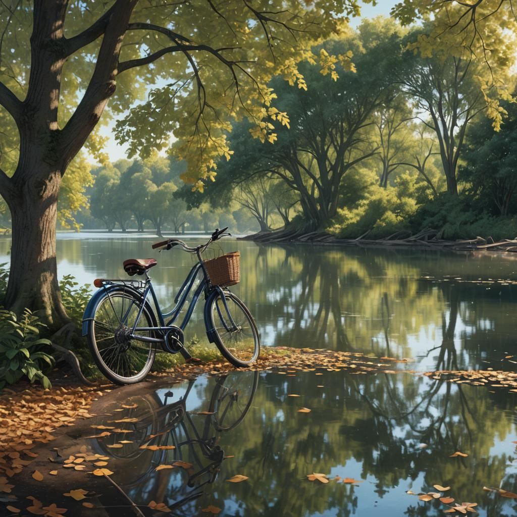 Bicycle Parked by Water in Hyperrealistic Style