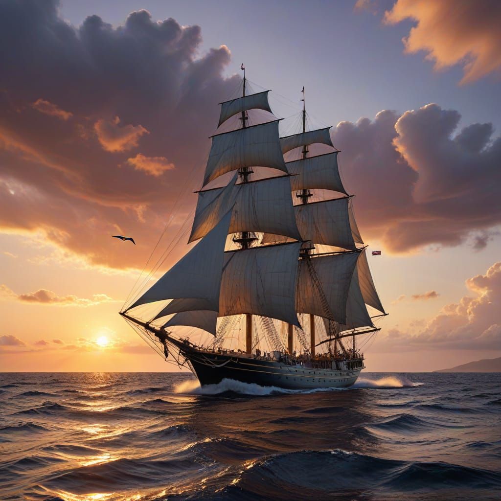 Majestic Windjammer Sails Across Open Ocean at Sunset