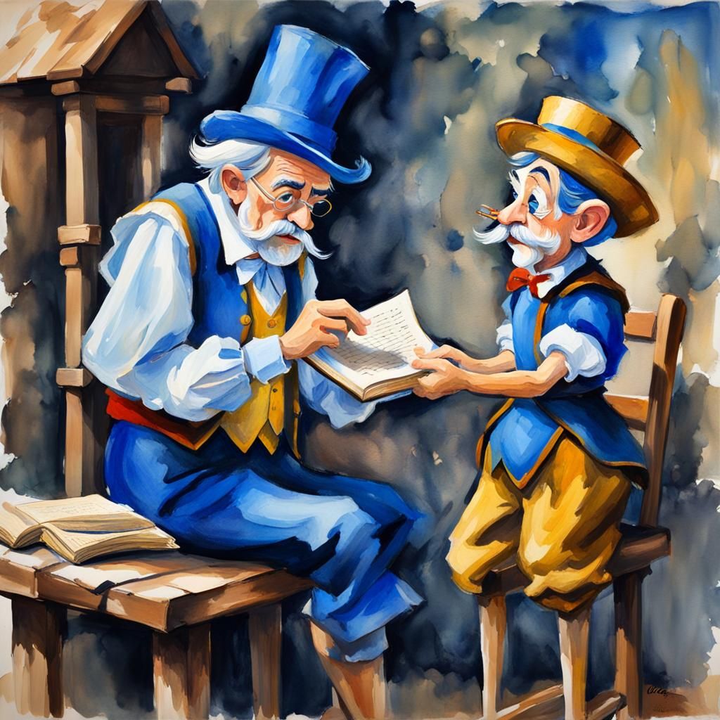 Pinocchio, Blue Fairy, and Geppetto in Gouache Style