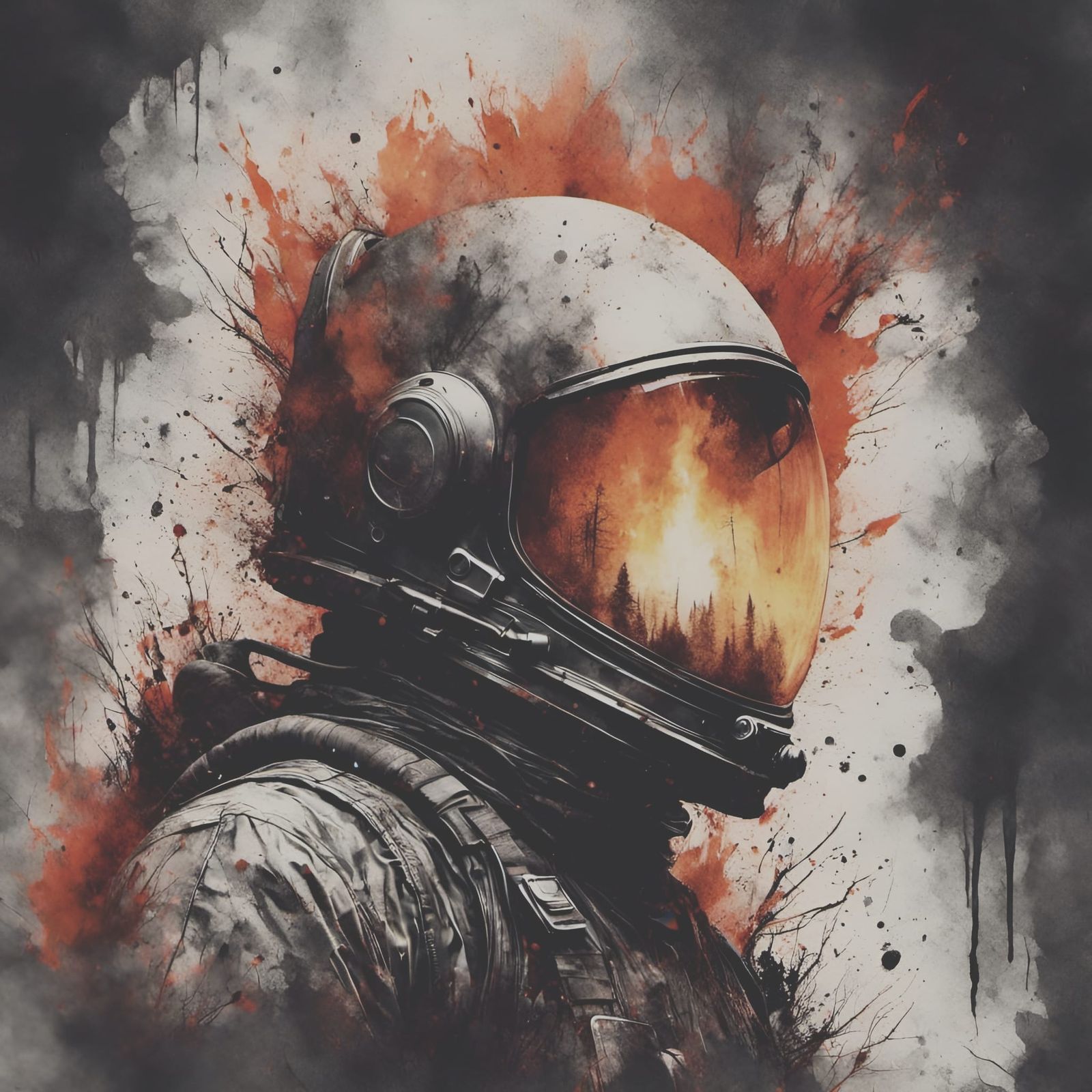 Astronaut Head in Burning Woods: Double Exposure Art