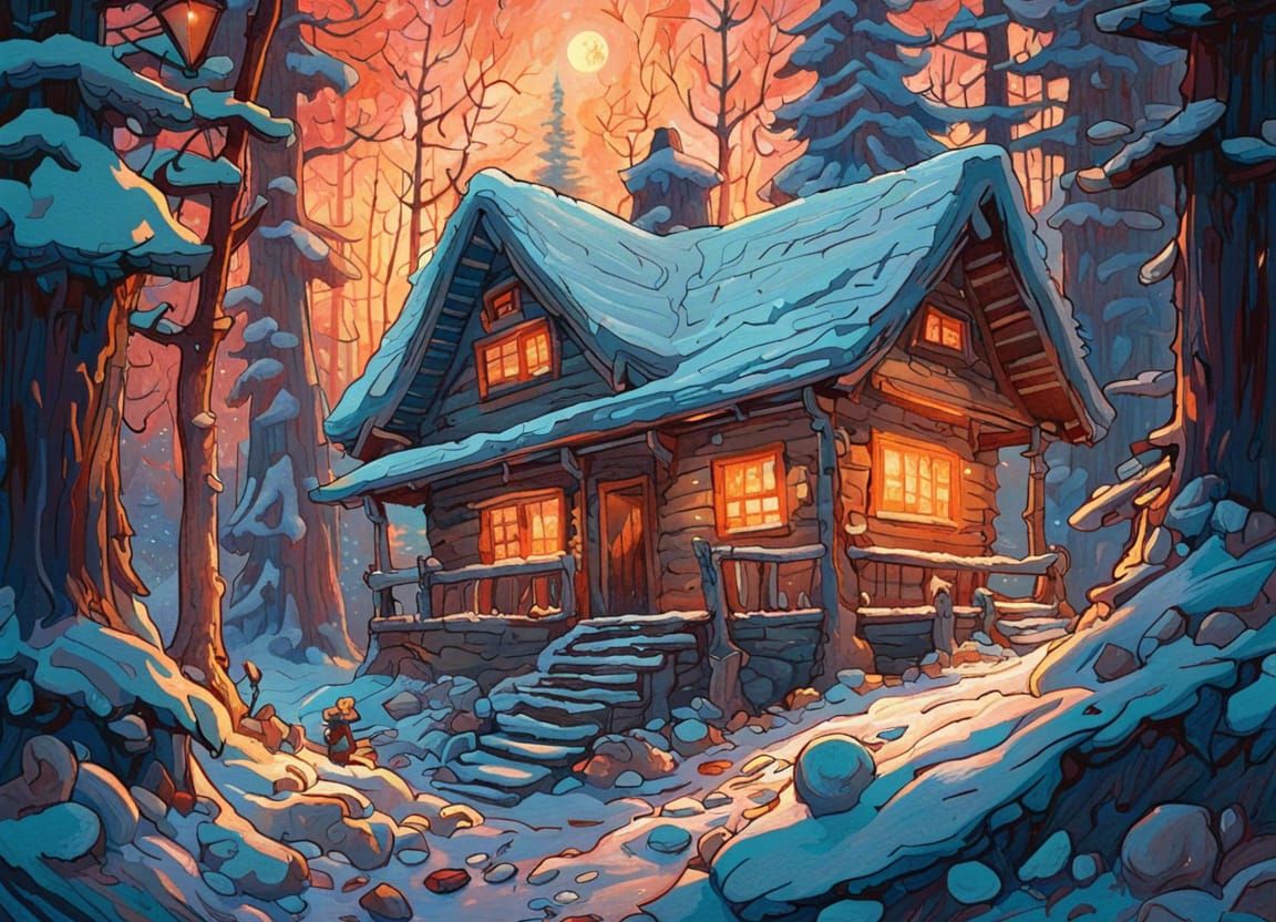 Winter Cabin in Snowy Woods, Vibrant Painting