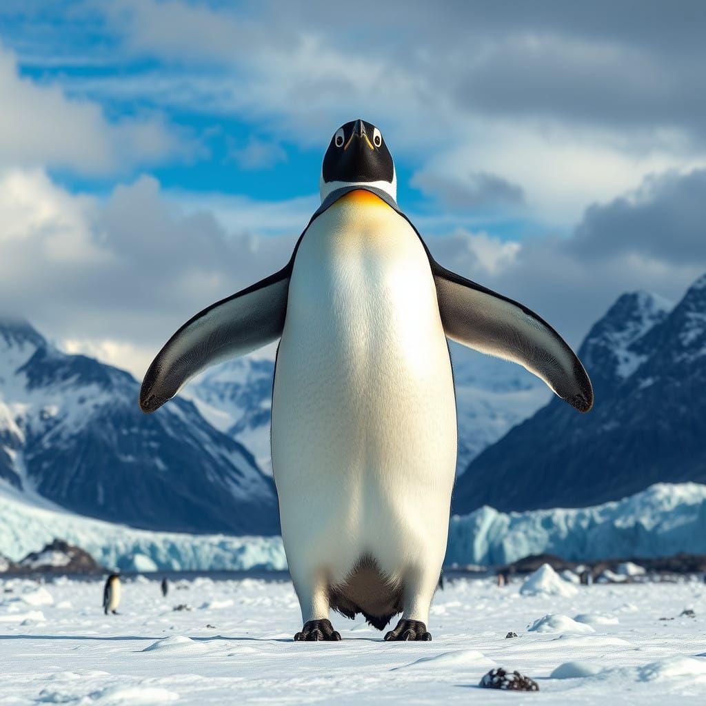 Giant Penguin Dominates Icy Landscape in Surreal Scene