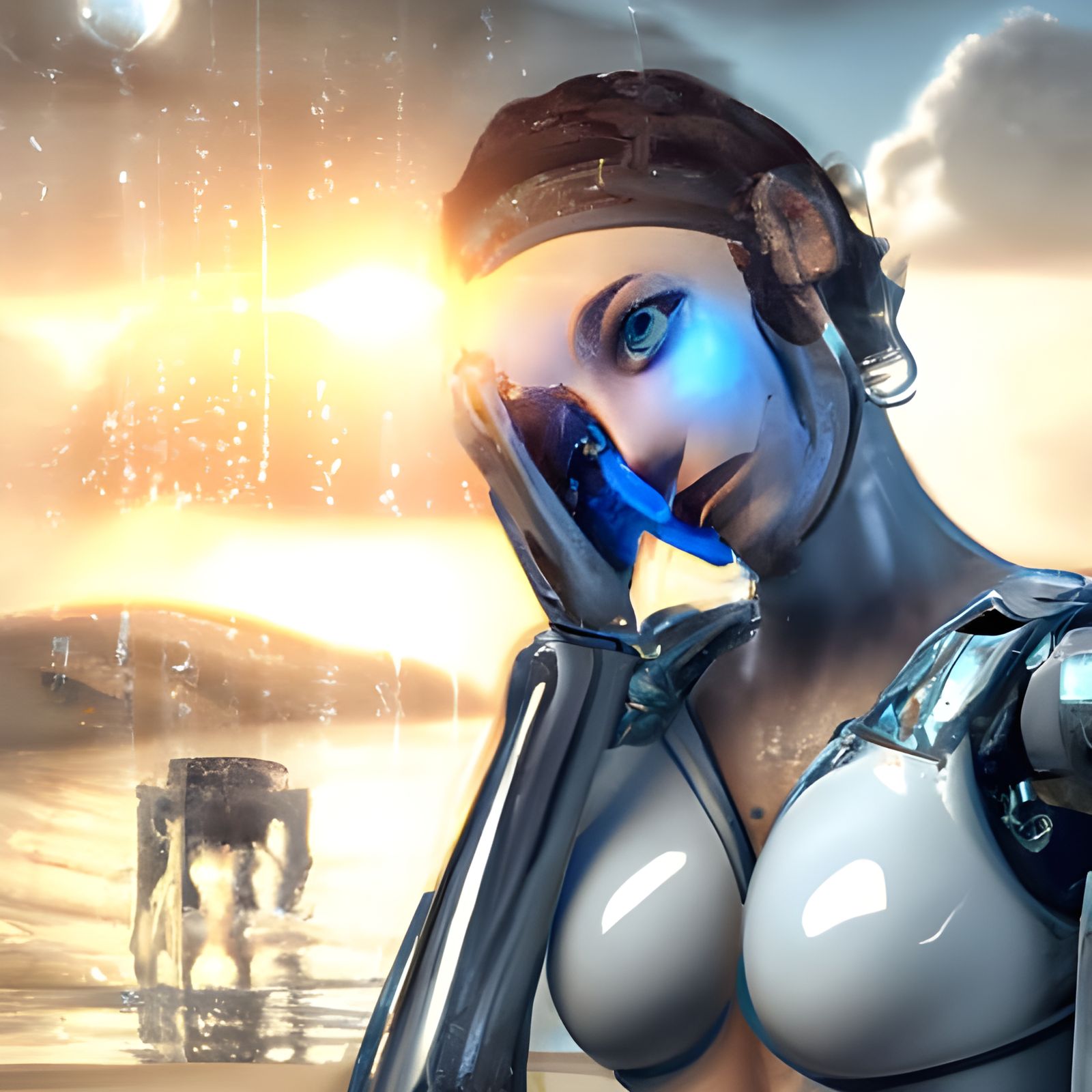 Tormented Robot Girl in Barren Landscape: Digital Painting