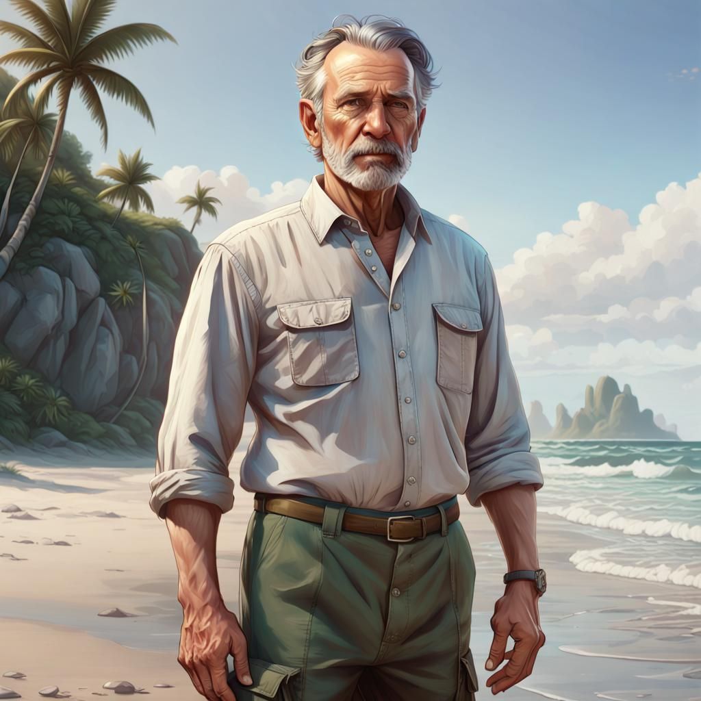 Tired and Proud Man on Island Beach, Digital Art