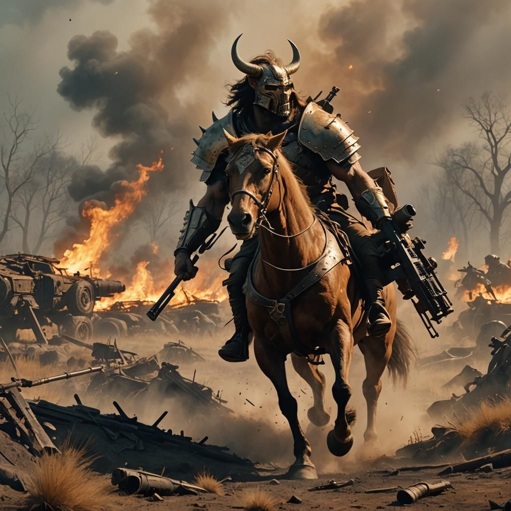 Centaur Warrior with Machine Gun in Battlefield Scene