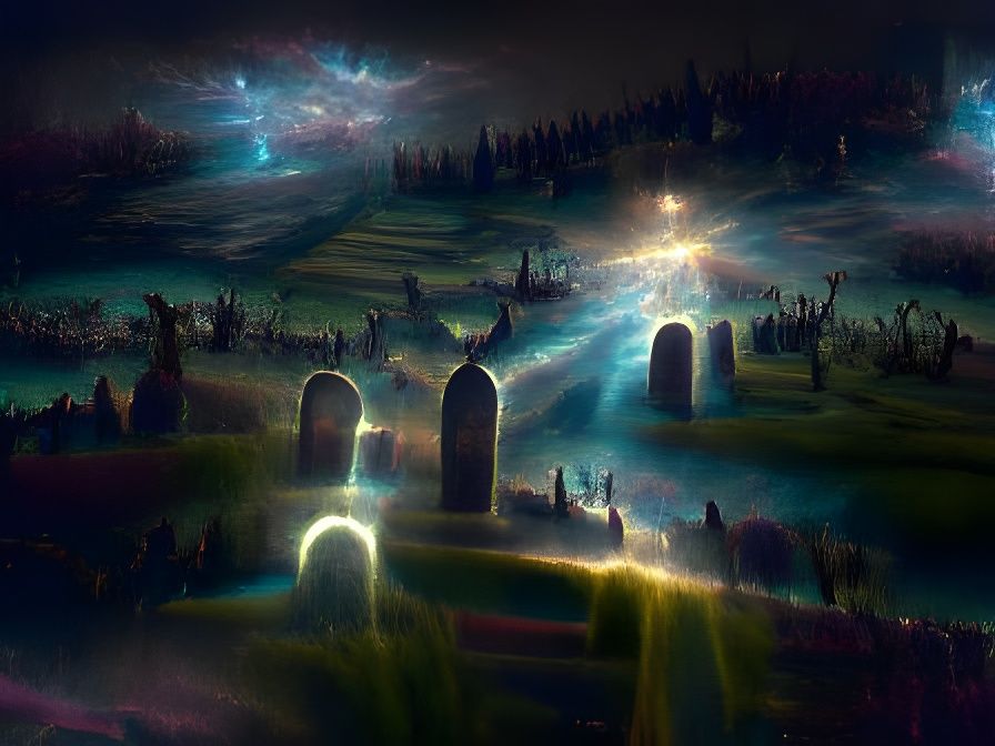 Ethereal Cemetery Under Cosmic Night, Digital Mixed Media