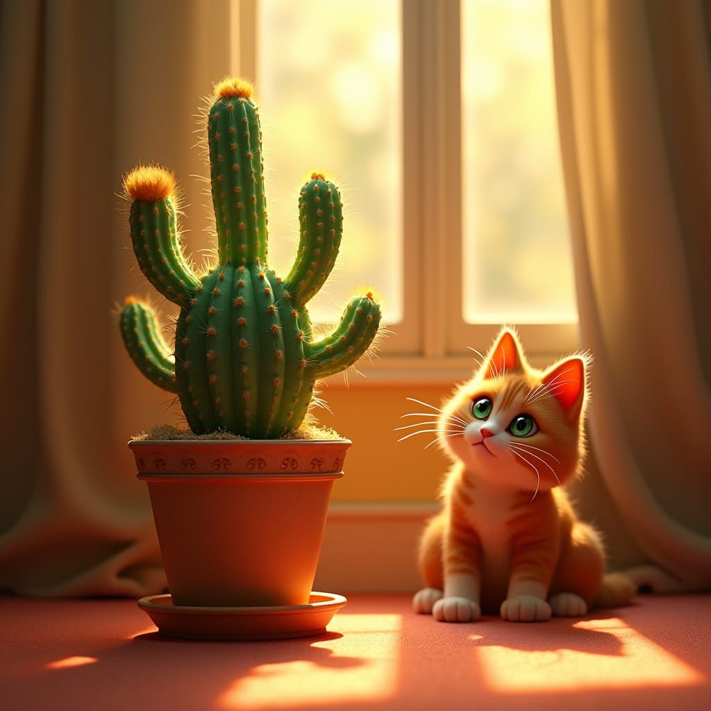 Cat and Cactus in Cozy Room, Fantasy Art