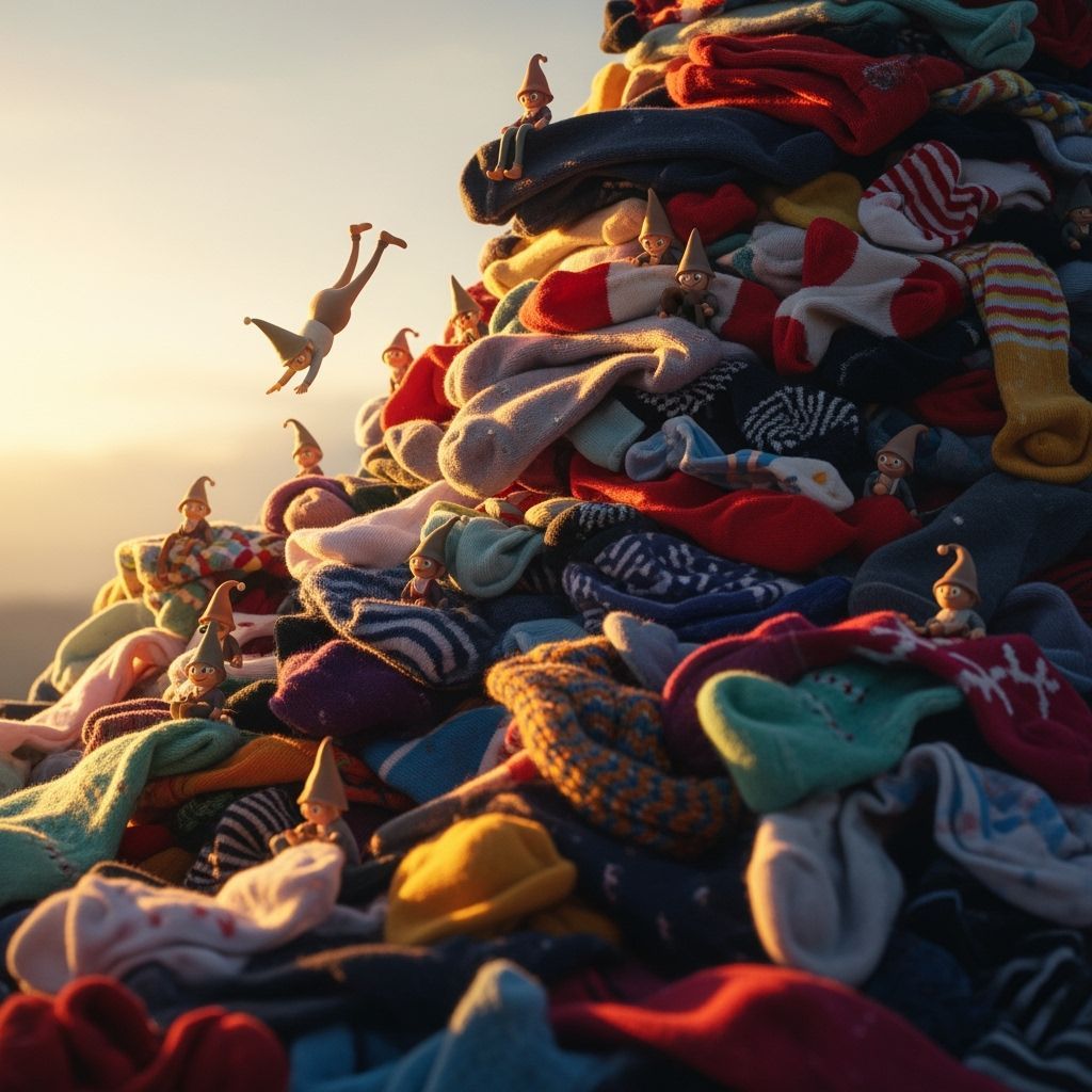 Lutins Play on a Mountain of Colorful Socks in Golden Hour L...