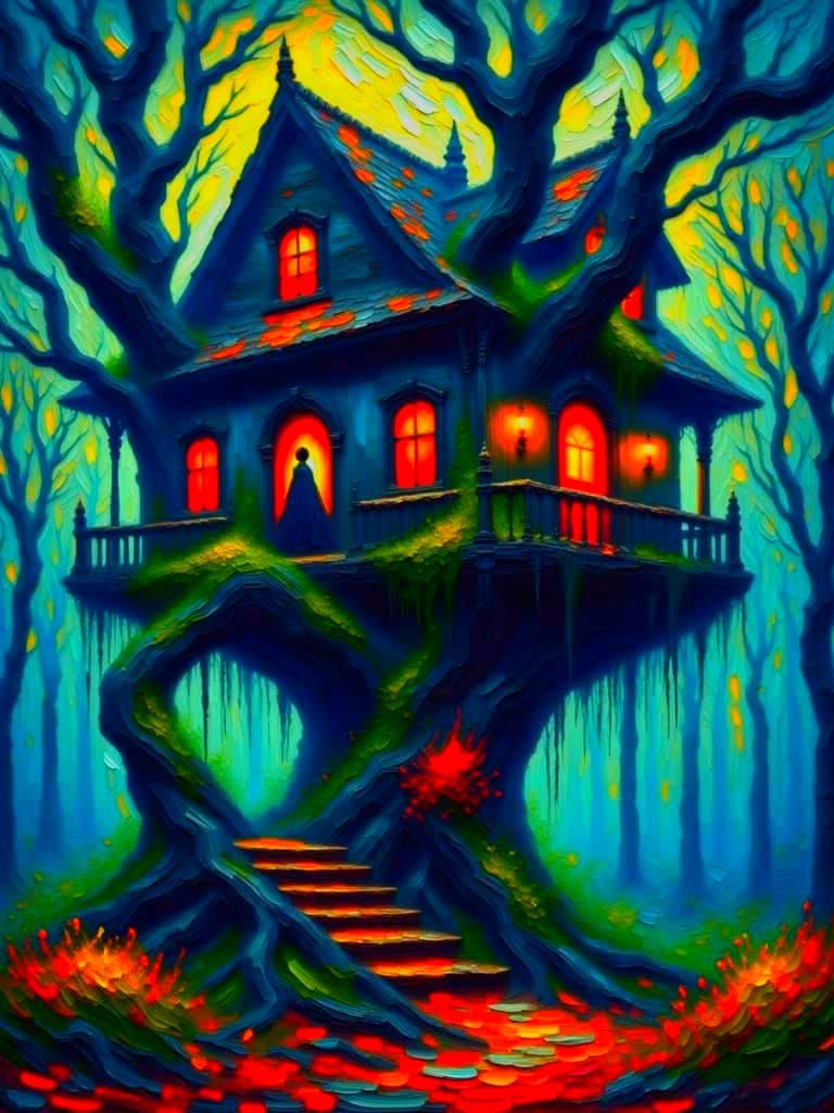 Gothic Treehouse in a Haunted Forest, Impasto Oil Painting S...