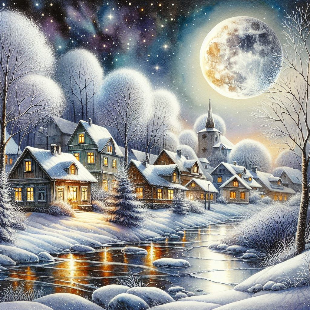Winter Town Bathed in Moonlight, Watercolor Painting