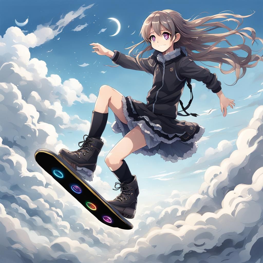 Anime Style Girl on Hoverboard in Cloudy Sky