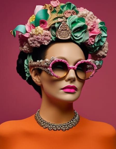 Woman with Flower Crown and Rococo Sculpture