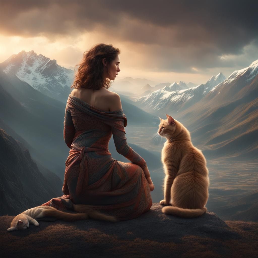 Nude Woman with Cat in Mountain Landscape