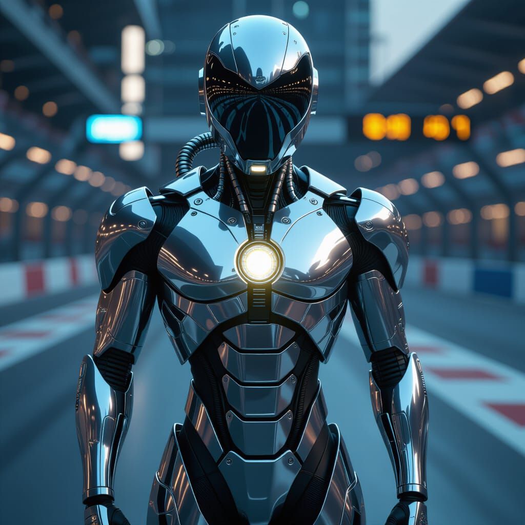 Futuristic Humanoid Robot with Cybernetic Spine on Racetrack