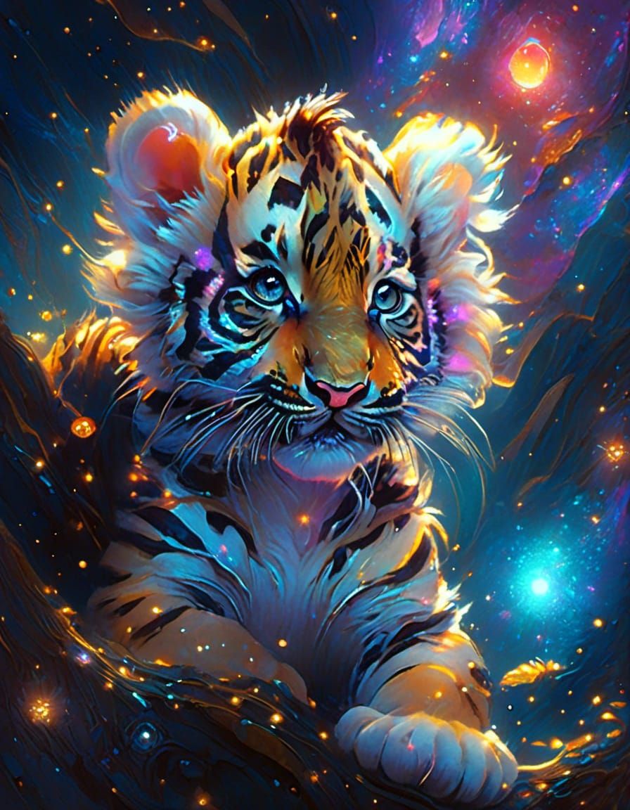 Supercute Baby Tiger in Glowing Outer Space, Detailed Art