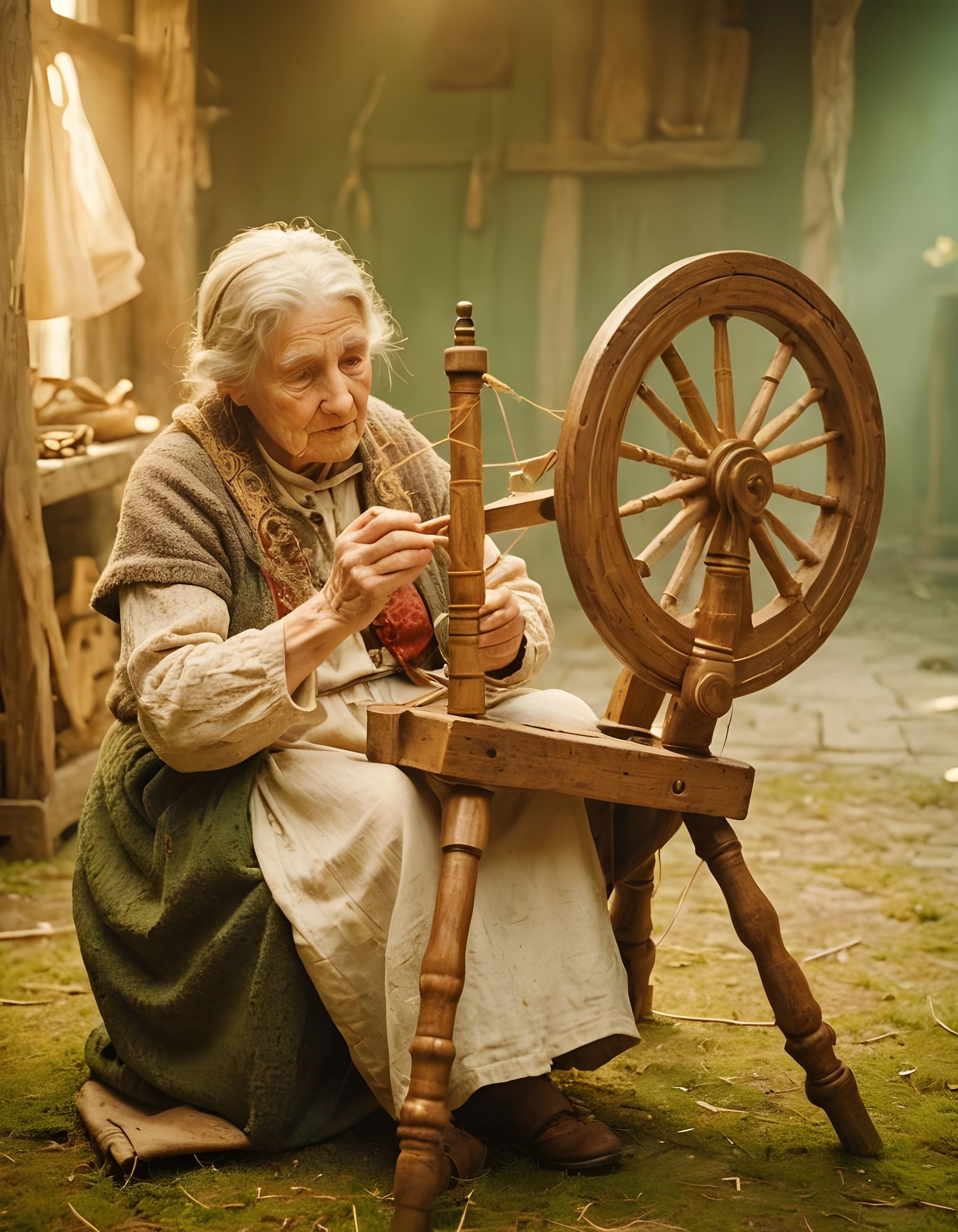 Irish Woman at Spinning Wheel: Cinematic Film Still